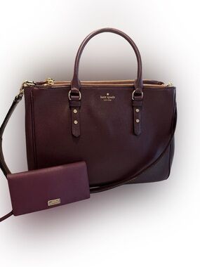 Kate Spade Tote Mulberry St Leighann Large Burgundy Pebbled Leather Bag & Wallet